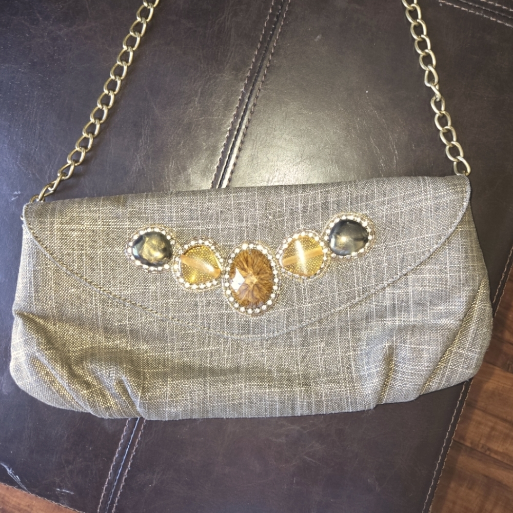Chico’s Linen Jeweled Rhinestone Foldover Clutch/Shoulder Bag